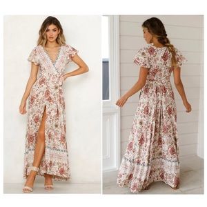 Wrap Floral Print Boho Beach Long Dress